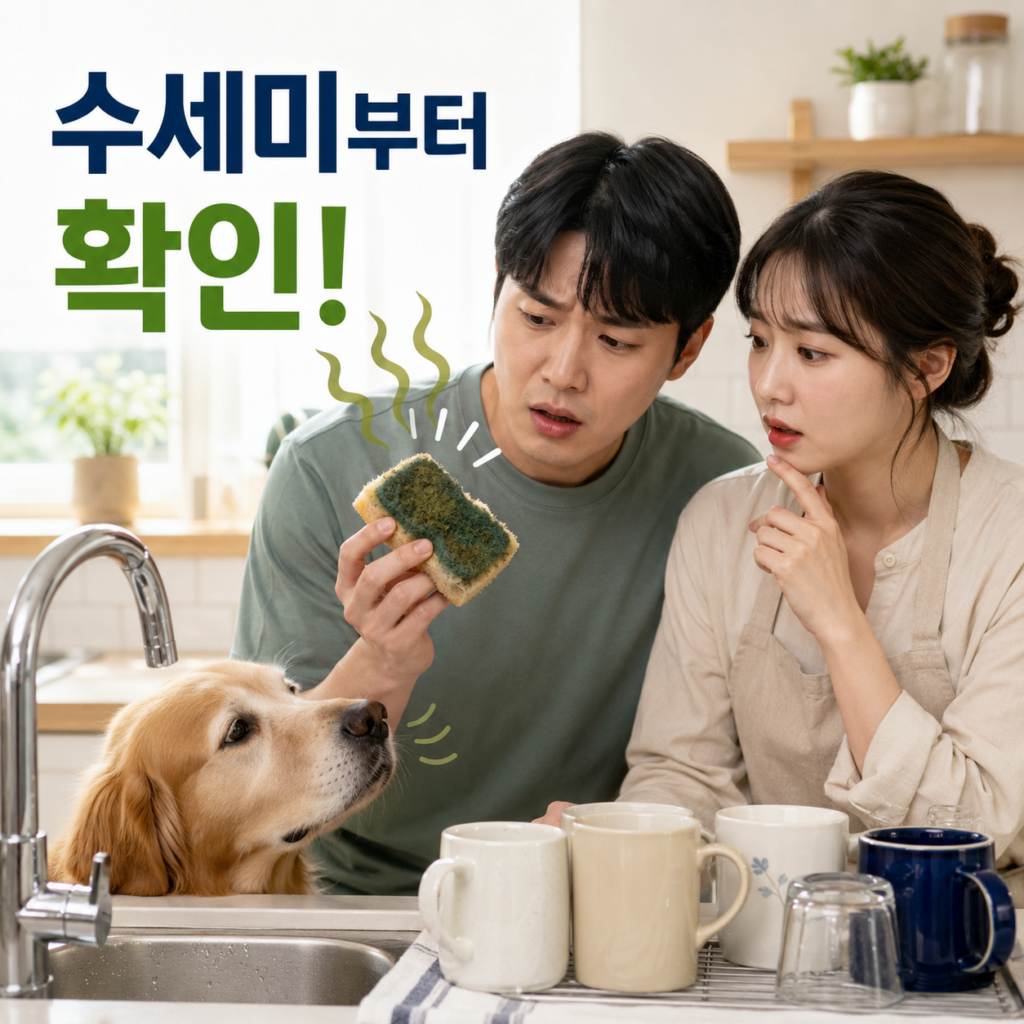 싱크대 배수구 냄새 원인을 확인하는 남녀와 강아지