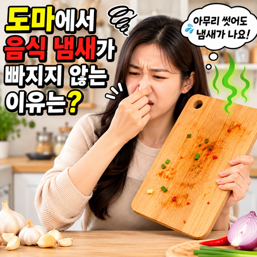 도마 음식 냄새 원인을 확인하며 도마를 세척하는 모습