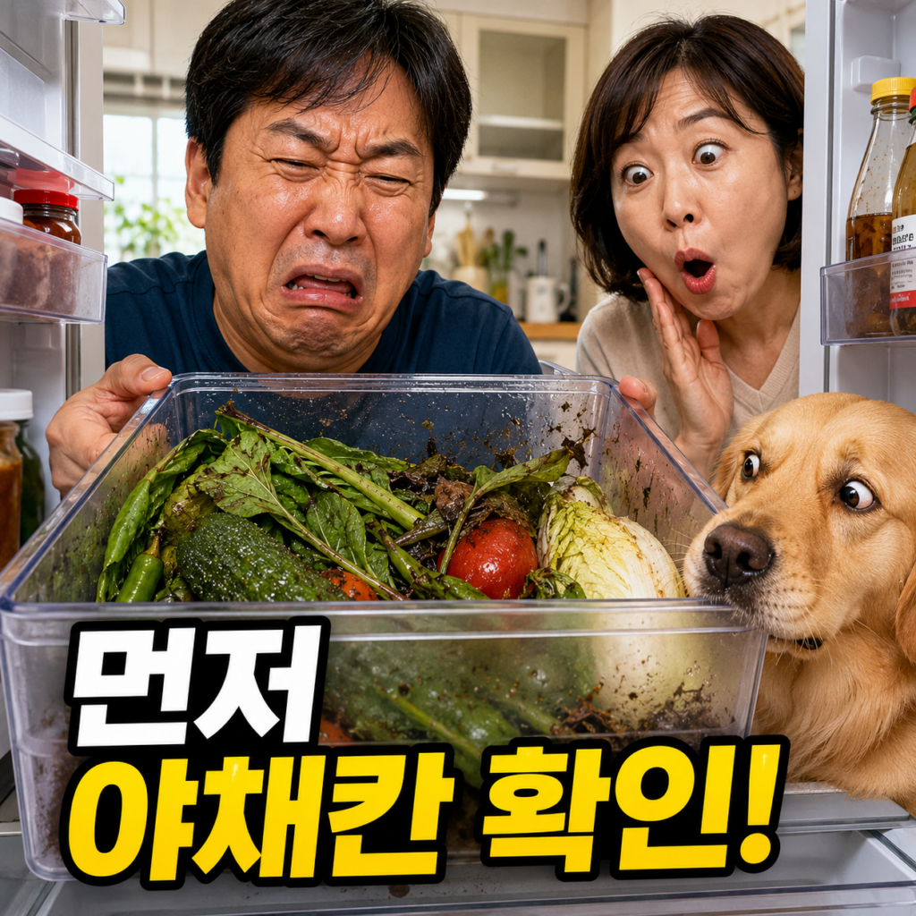 여름철 냉장고 냄새가 심해져 냉장고 문을 열고 놀라는 남녀와 강아지