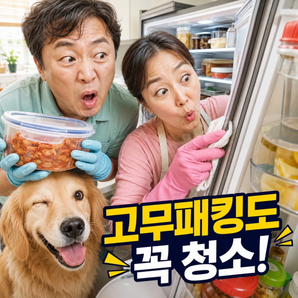 여름철 냉장고 냄새를 줄이기 위해 고무패킹을 청소하는 모습