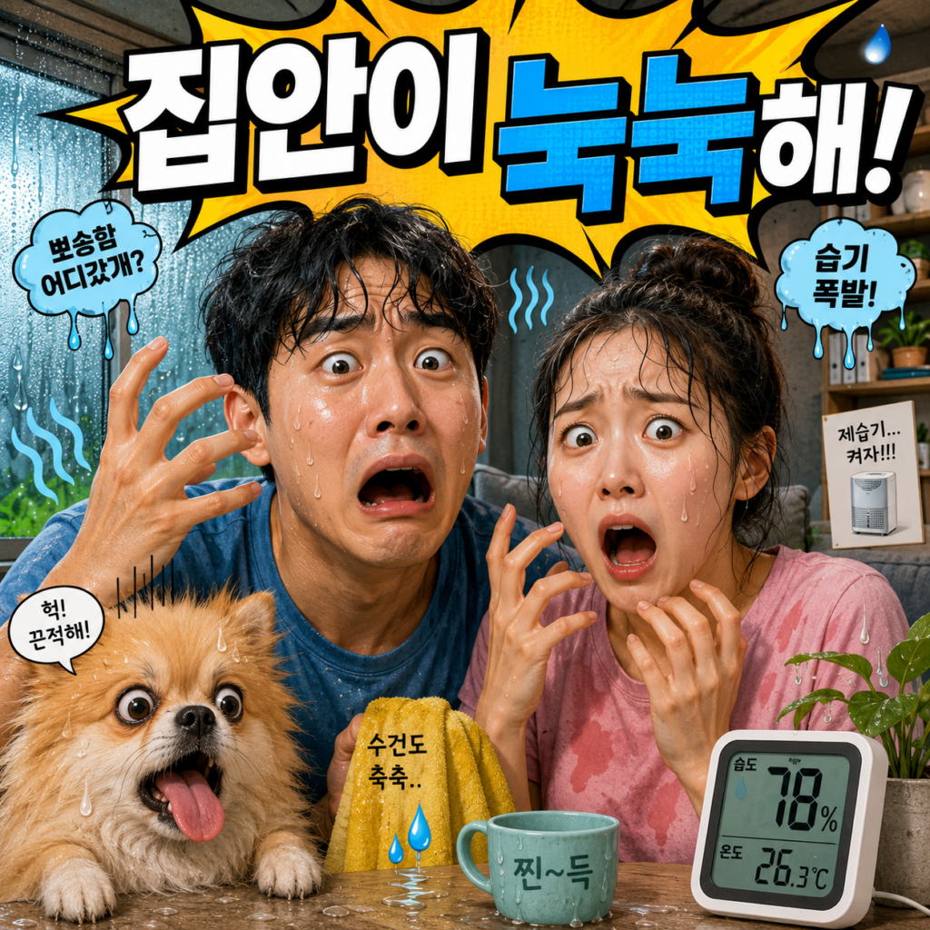 장마철 집안 습기를 줄이기 위해 욕실 물기를 정리하는 모습